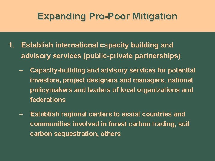 Expanding Pro-Poor Mitigation 1. Establish international capacity building and advisory services (public-private partnerships) –