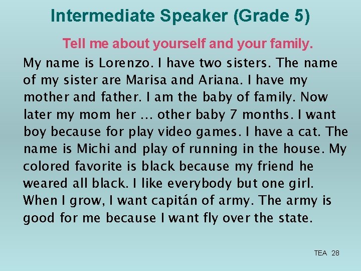 Intermediate Speaker (Grade 5) Tell me about yourself and your family. My name is