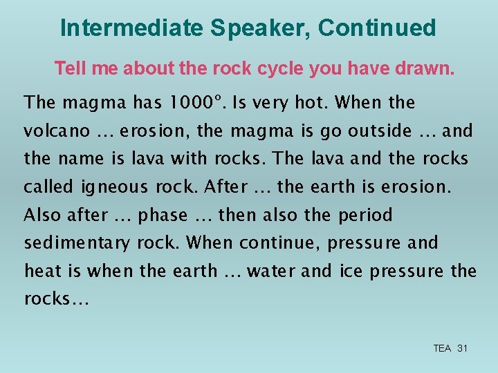 Intermediate Speaker, Continued Tell me about the rock cycle you have drawn. The magma