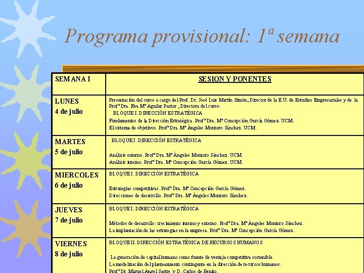Programa provisional: 1ª semana SEMANA I SESION Y PONENTES LUNES 4 de julio Presentación
