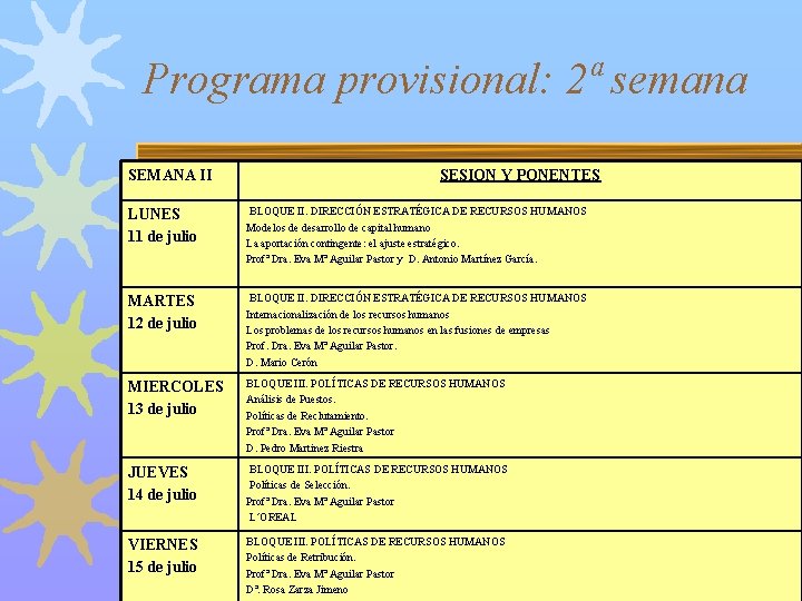 Programa provisional: 2ª semana SEMANA II SESION Y PONENTES LUNES 11 de julio BLOQUE