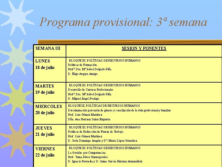 Programa provisional: 3ª semana SEMANA III SESION Y PONENTES LUNES 18 de julio BLOQUE
