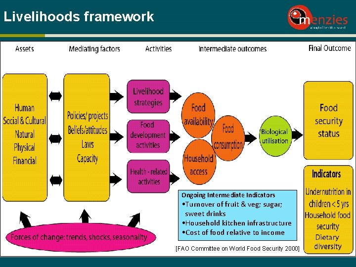 Livelihoods framework Ongoing Intermediate Indicators • Turnover of fruit & veg; sugar; sweet drinks