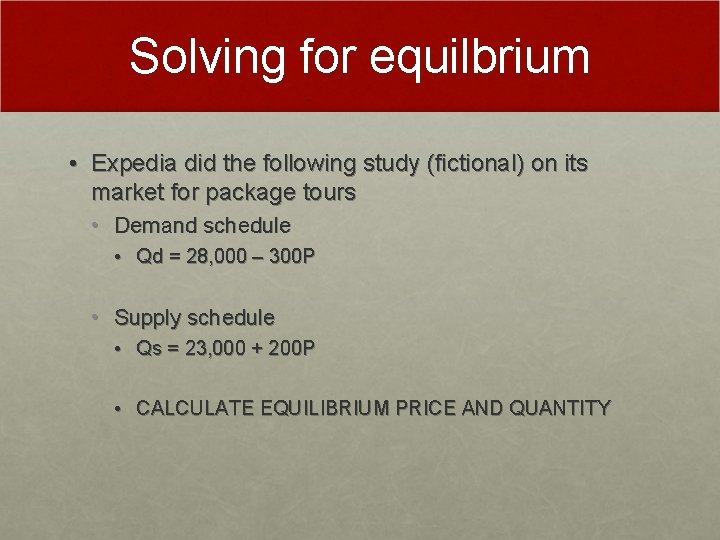 Solving for equilbrium • Expedia did the following study (fictional) on its market for