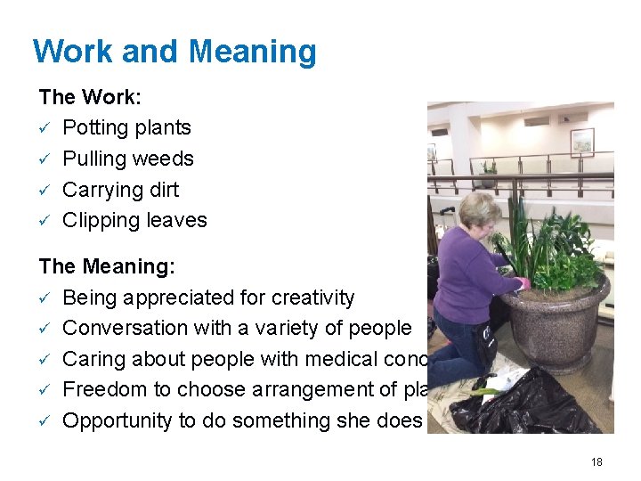 Work and Meaning The Work: ü Potting plants ü Pulling weeds ü Carrying dirt