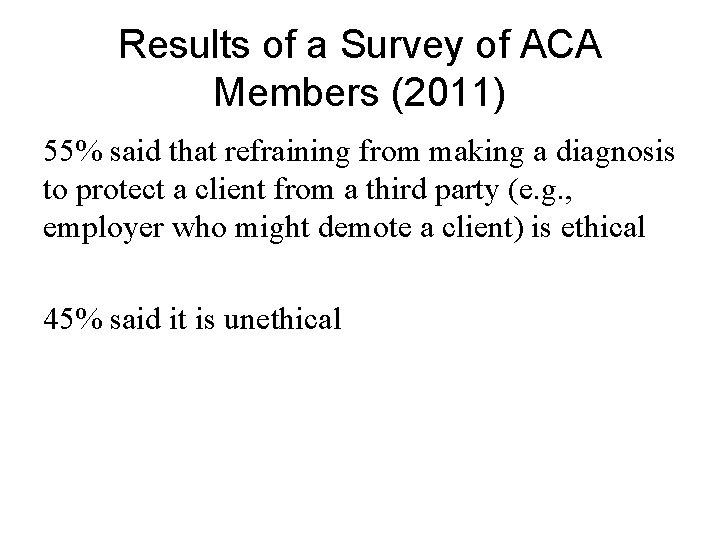 Results of a Survey of ACA Members (2011) 55% said that refraining from making