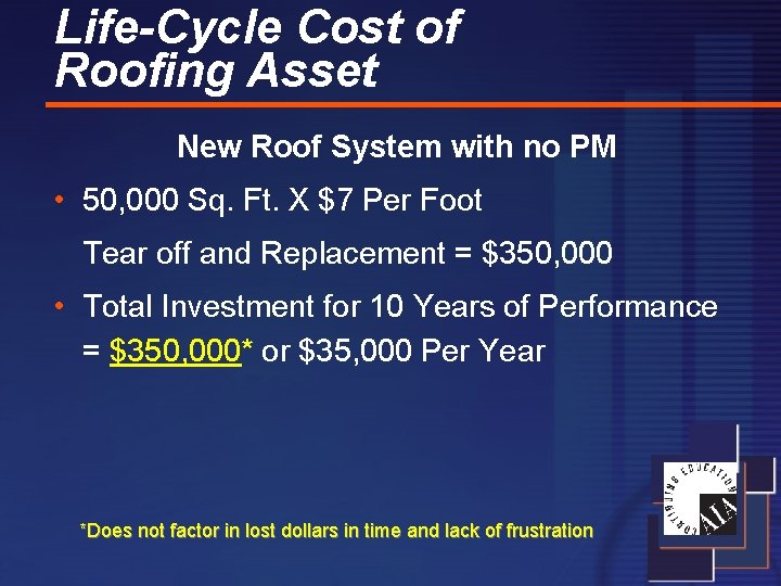 Life-Cycle Cost of Roofing Asset New Roof System with no PM • 50, 000