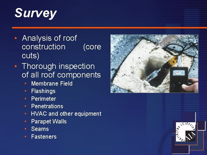 Survey • Analysis of roof construction (core cuts) • Thorough inspection of all roof