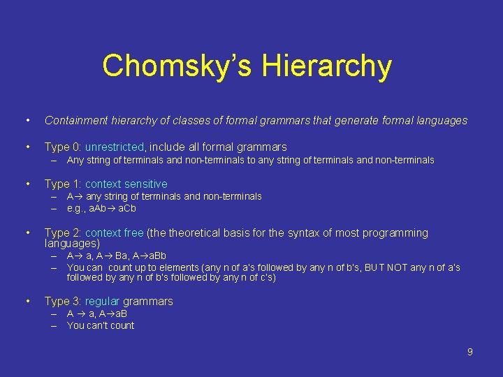 Chomsky’s Hierarchy • Containment hierarchy of classes of formal grammars that generate formal languages