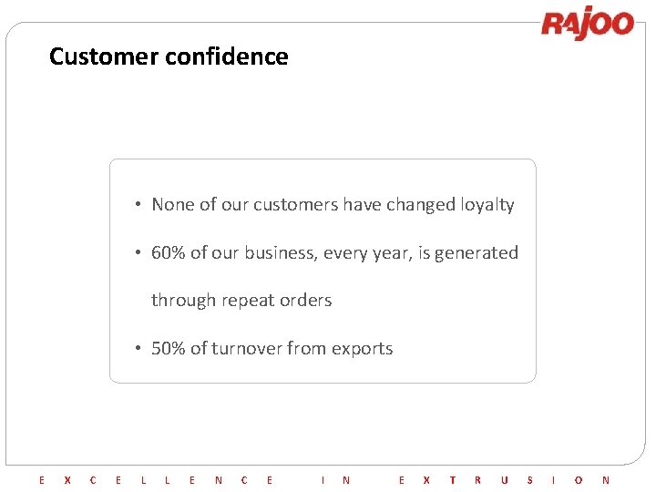 Customer confidence • None of our customers have changed loyalty • 60% of our