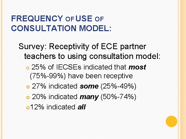 FREQUENCY OF USE OF CONSULTATION MODEL: Survey: Receptivity of ECE partner teachers to using