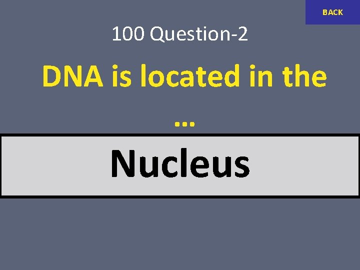 BACK 100 Question-2 DNA is located in the … Nucleus 