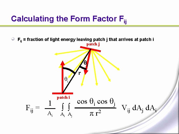 Calculating the Form Factor Fij = fraction of light energy leaving patch j that Calculating the Form Factor Fij = fraction of light energy leaving patch j that