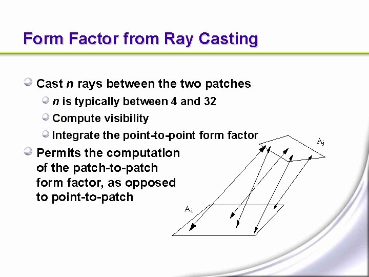 Form Factor from Ray Casting Cast n rays between the two patches n is Form Factor from Ray Casting Cast n rays between the two patches n is