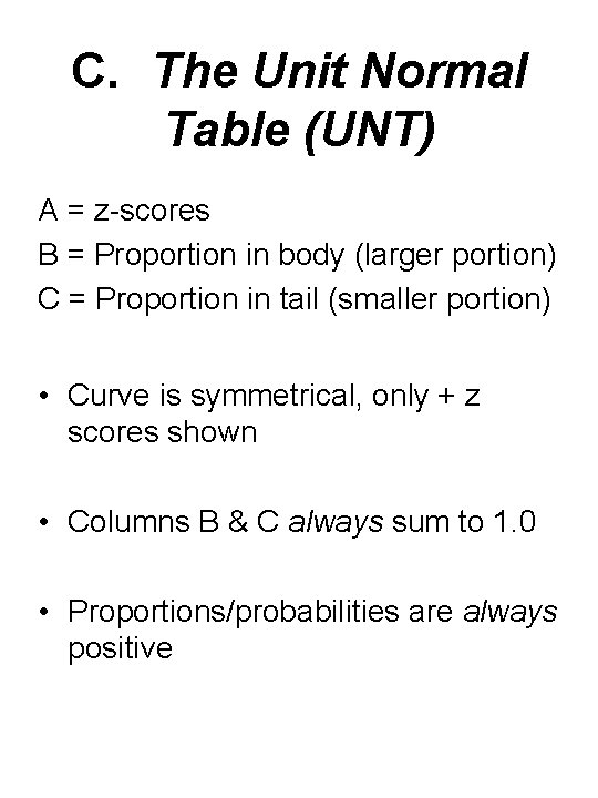 C. The Unit Normal Table (UNT) A = z-scores B = Proportion in body