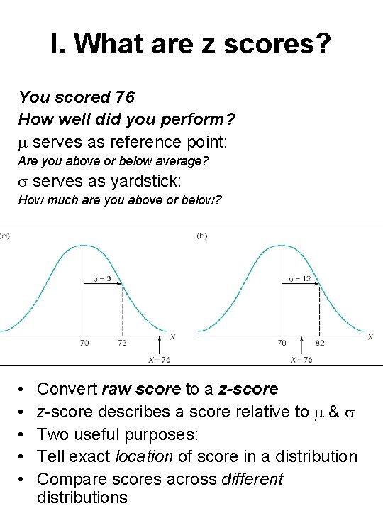 I. What are z scores? You scored 76 How well did you perform? serves