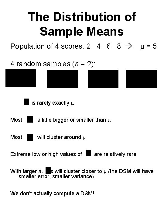 The Distribution of Sample Means Population of 4 scores: 2 4 6 8 =5