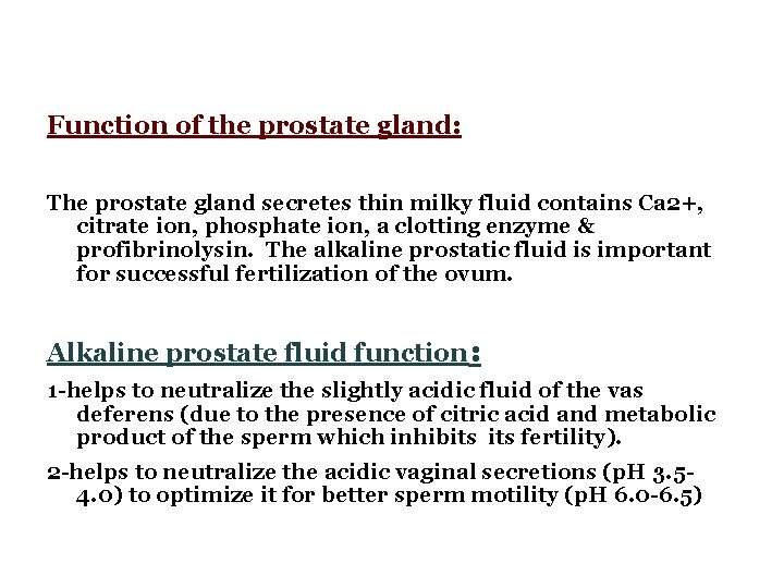 Function of the prostate gland: The prostate gland secretes thin milky fluid contains Ca