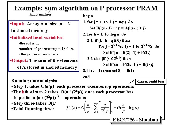 Example: sum algorithm on P processor PRAM Add n numbers • Input: Array A