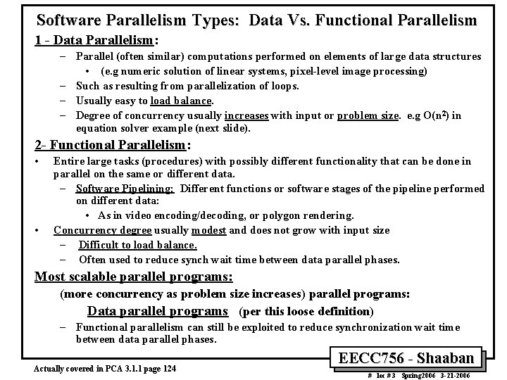 Software Parallelism Types: Data Vs. Functional Parallelism 1 - Data Parallelism: – Parallel (often