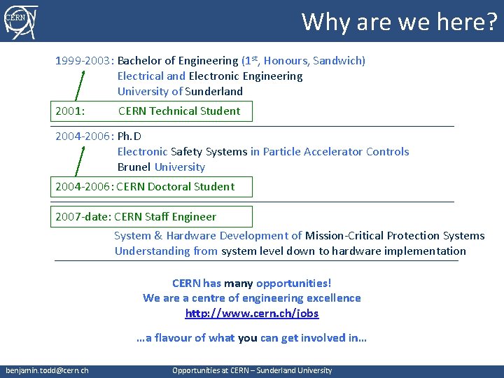 Why are we here? CERN 1999 -2003: Bachelor of Engineering (1 st, Honours, Sandwich)