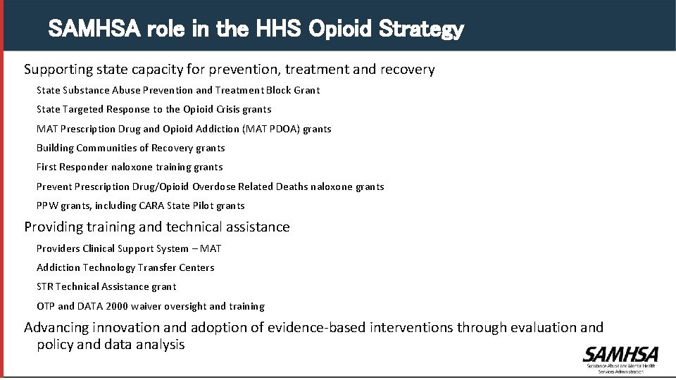 SAMHSA role in the HHS Opioid Strategy Supporting state capacity for prevention, treatment and