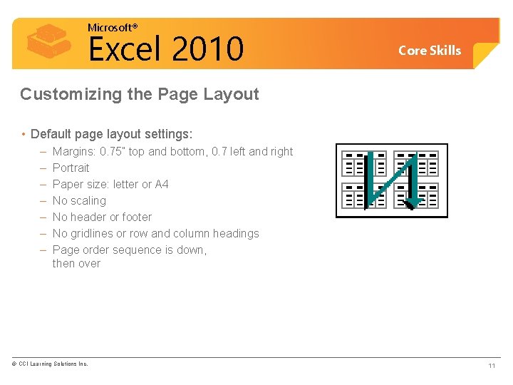 Microsoft® Excel 2010 Core Skills Customizing the Page Layout • Default page layout settings: