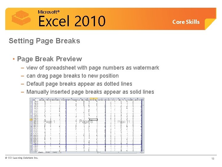 Microsoft® Excel 2010 Core Skills Setting Page Breaks • Page Break Preview – –