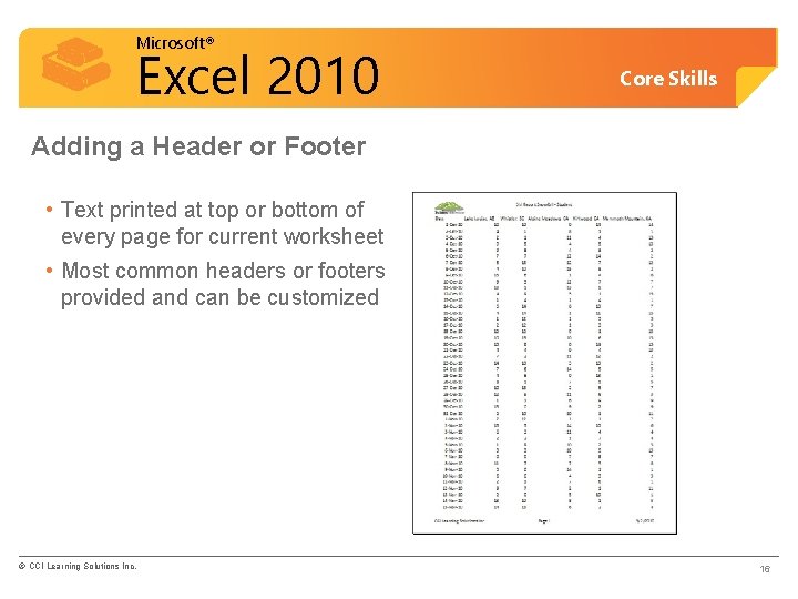 Microsoft® Excel 2010 Core Skills Adding a Header or Footer • Text printed at