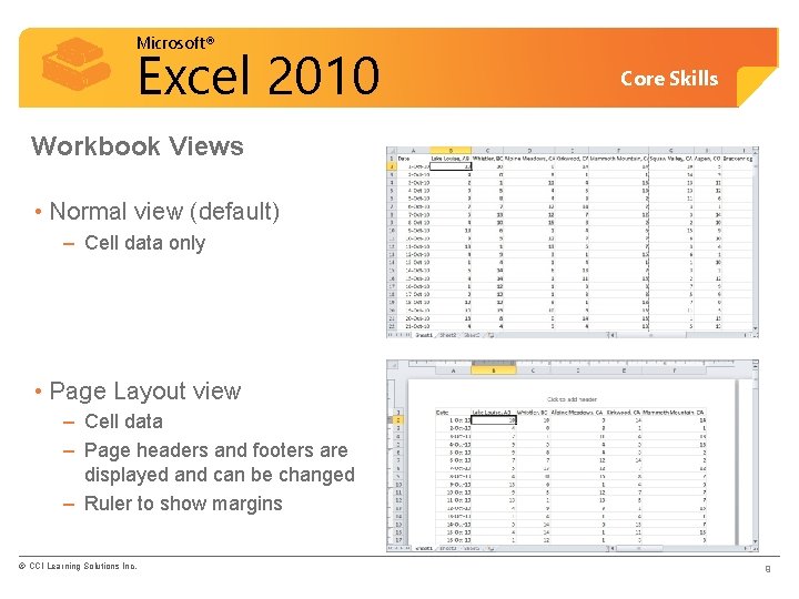 Microsoft® Excel 2010 Core Skills Workbook Views • Normal view (default) – Cell data