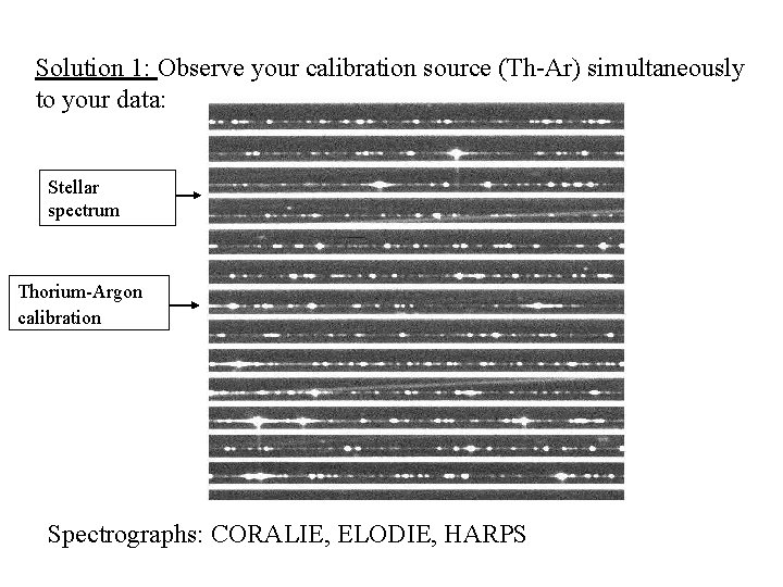 Solution 1: Observe your calibration source (Th-Ar) simultaneously to your data: Stellar spectrum Thorium-Argon