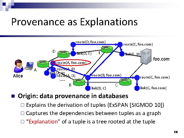 Provenance as Explanations route(D, foo. com) D link(D, E) route(E, foo. com) E link(E,