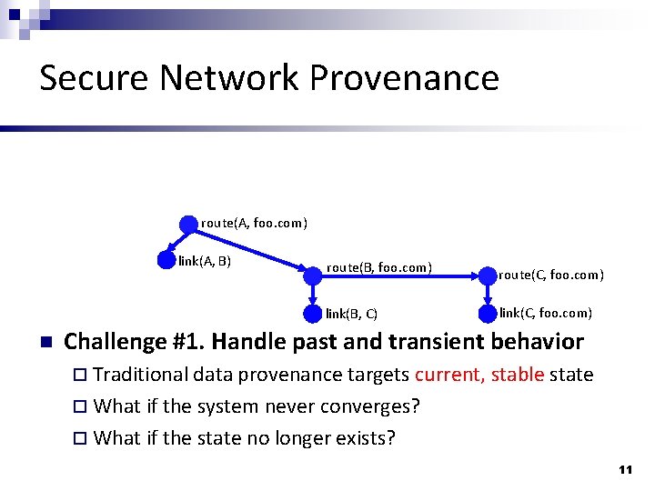 Secure Network Provenance route(A, foo. com) link(A, B) route(B, foo. com) link(B, C) n