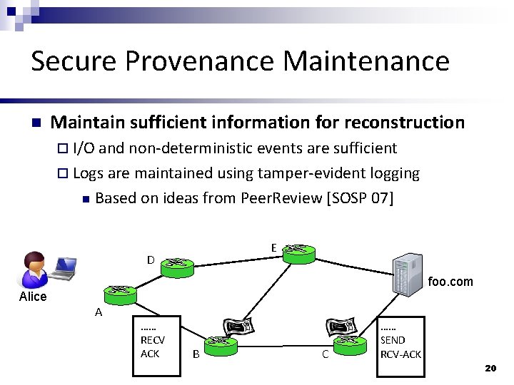 Secure Provenance Maintenance n Maintain sufficient information for reconstruction ¨ I/O and non-deterministic events