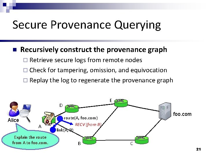 Secure Provenance Querying n Recursively construct the provenance graph ¨ Retrieve secure logs from