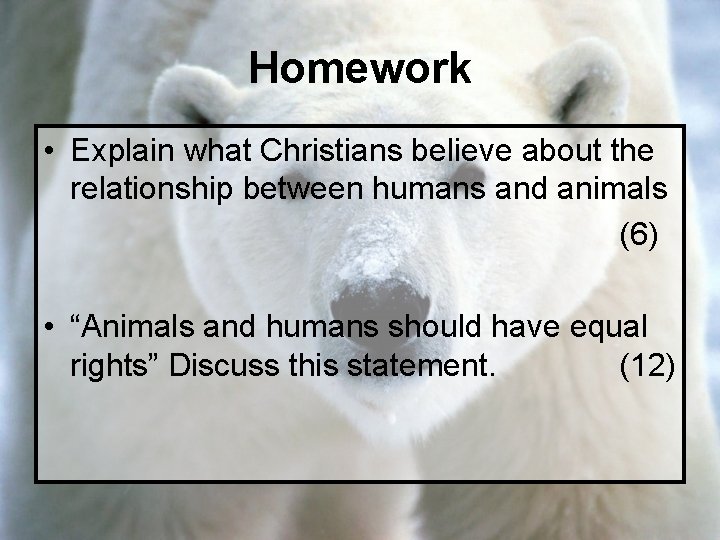 Homework • Explain what Christians believe about the relationship between humans and animals (6)