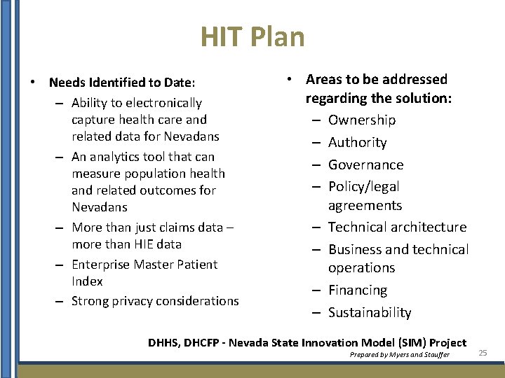 HIT Plan • Needs Identified to Date: – Ability to electronically capture health care