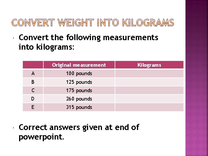  Convert the following measurements into kilograms: Original measurement A 100 pounds B 125