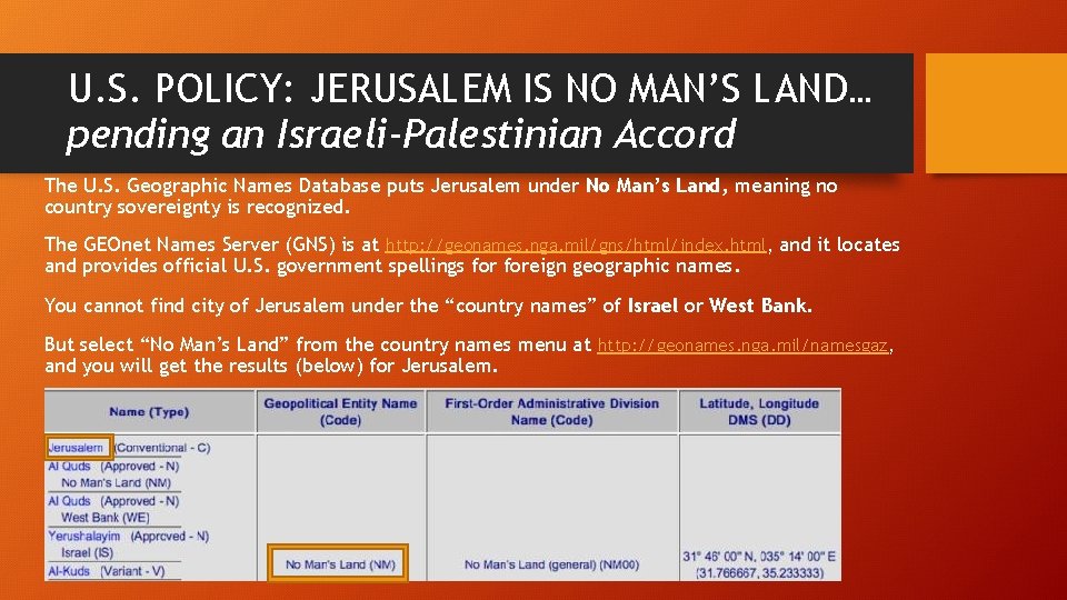 U. S. POLICY: JERUSALEM IS NO MAN’S LAND… pending an Israeli-Palestinian Accord The U.