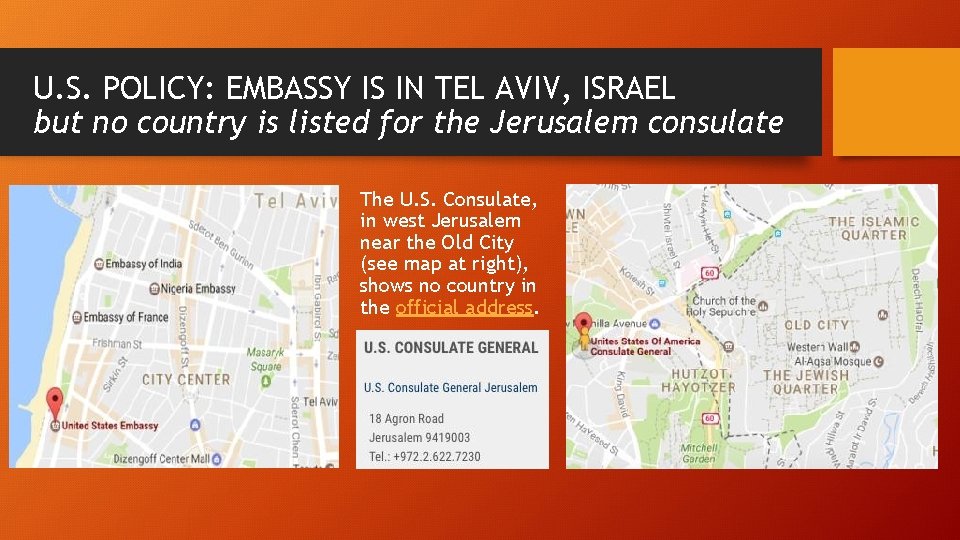 U. S. POLICY: EMBASSY IS IN TEL AVIV, ISRAEL but no country is listed