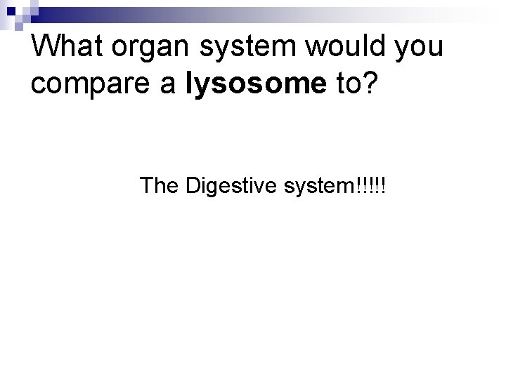 What organ system would you compare a lysosome to? The Digestive system!!!!! 
