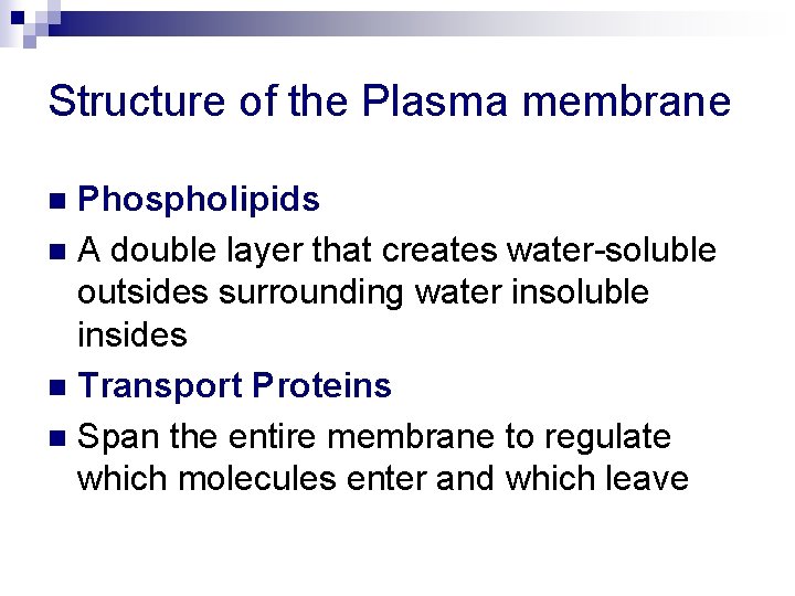 Structure of the Plasma membrane Phospholipids n A double layer that creates water-soluble outsides