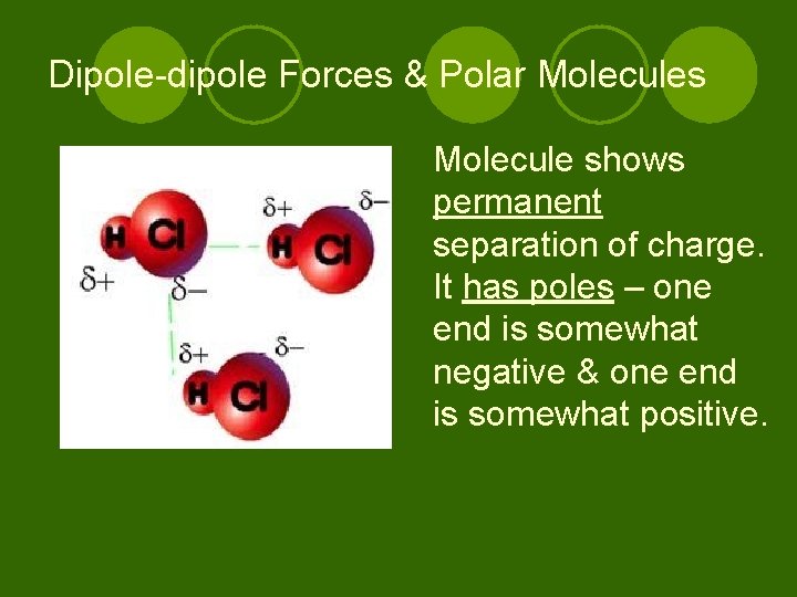 Dipole-dipole Forces & Polar Molecules Molecule shows permanent separation of charge. It has poles