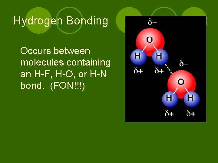 Hydrogen Bonding Occurs between molecules containing an H-F, H-O, or H-N bond. (FON!!!) 