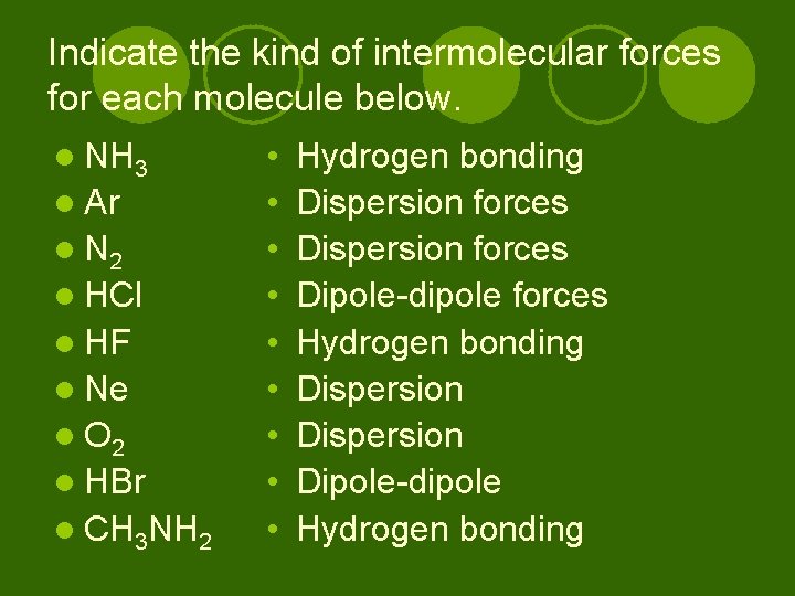 Indicate the kind of intermolecular forces for each molecule below. l NH 3 l