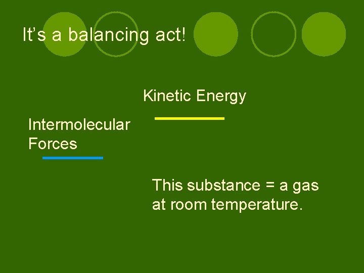 It’s a balancing act! Kinetic Energy Intermolecular Forces This substance = a gas at