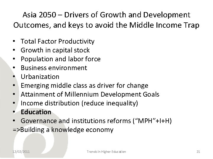 Asia 2050 – Drivers of Growth and Development Outcomes, and keys to avoid the
