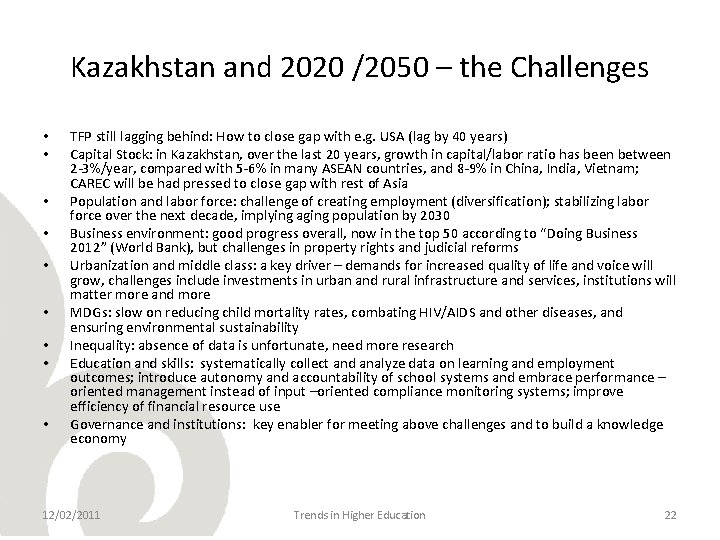 Kazakhstan and 2020 /2050 – the Challenges • • • TFP still lagging behind: