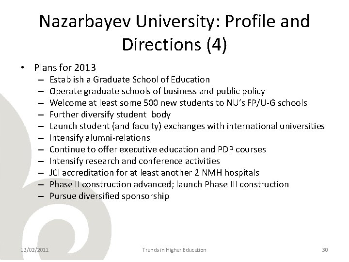 Nazarbayev University: Profile and Directions (4) • Plans for 2013 – – – 12/02/2011