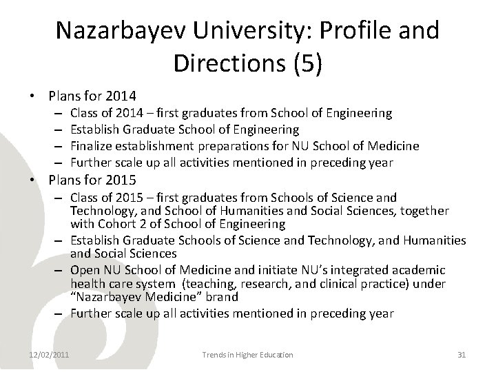 Nazarbayev University: Profile and Directions (5) • Plans for 2014 – – Class of